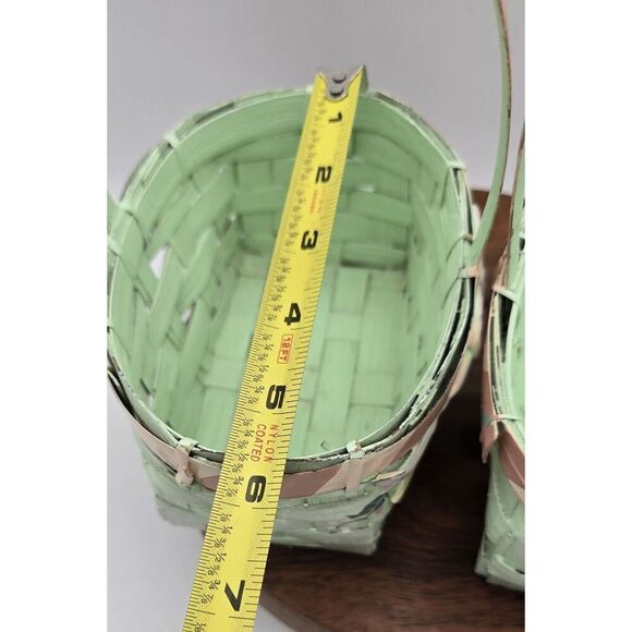 2 Vintage Mint Pink Painted Small Easter Basket Chicks Eggs Stripes Bow - Picture 5 of 12
